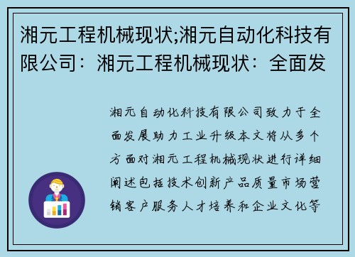 湘元工程机械现状;湘元自动化科技有限公司：湘元工程机械现状：全面发展助力工业升级